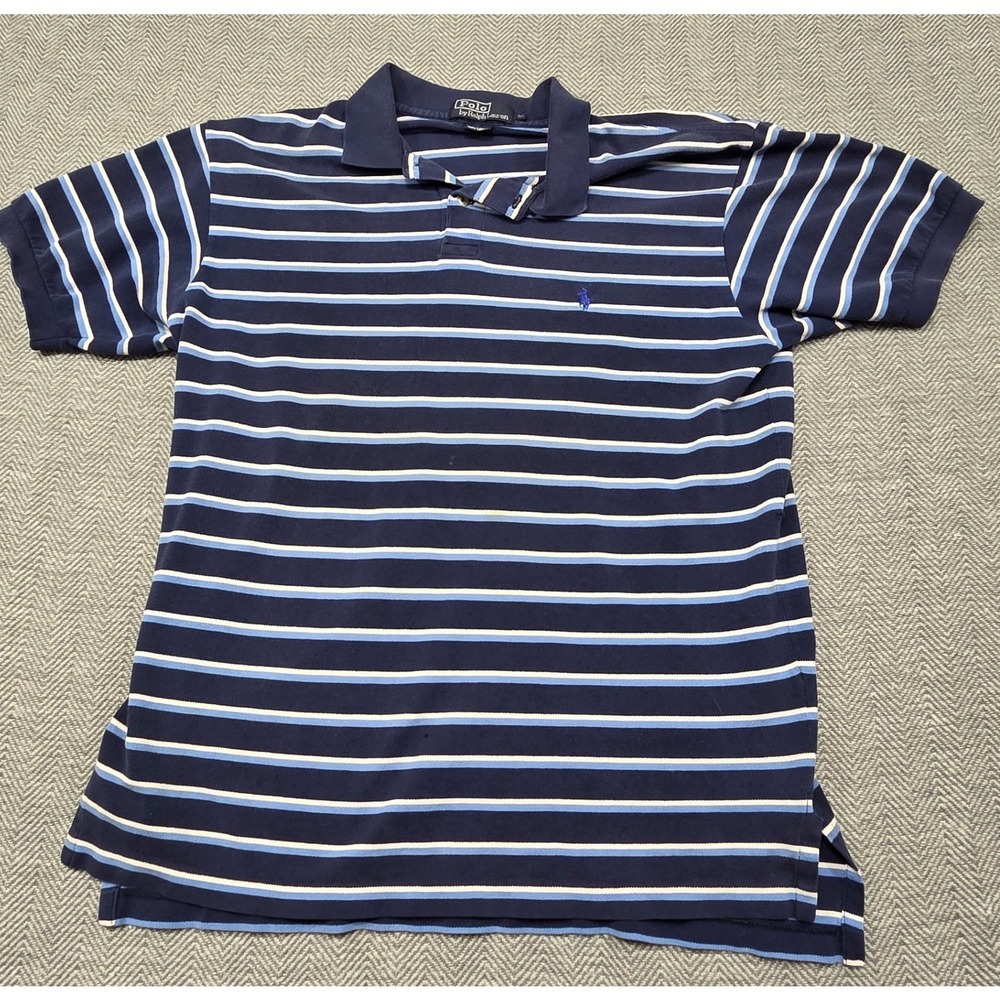 Polo Ralph‎ Lauren Mens Striped Polo Shirt Navy Blue White Short Sleeve Size M